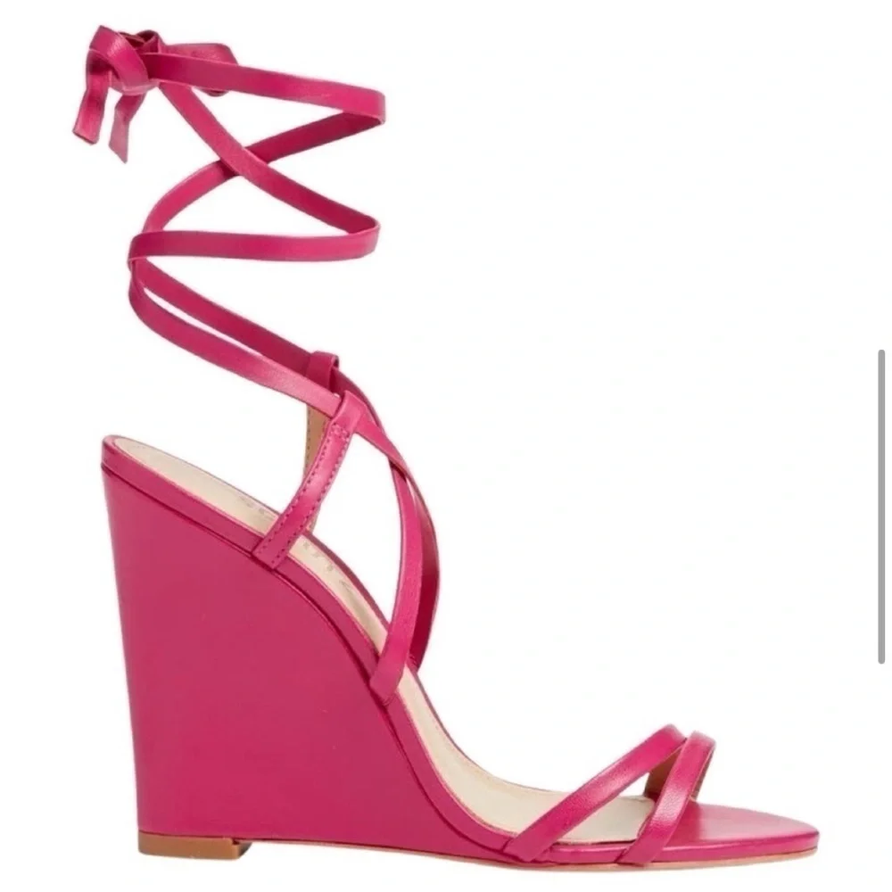 New Schutz Deonne Casual Nappa Leather Sandal Fuchsia Pink Wedge Wrap Sz 7
